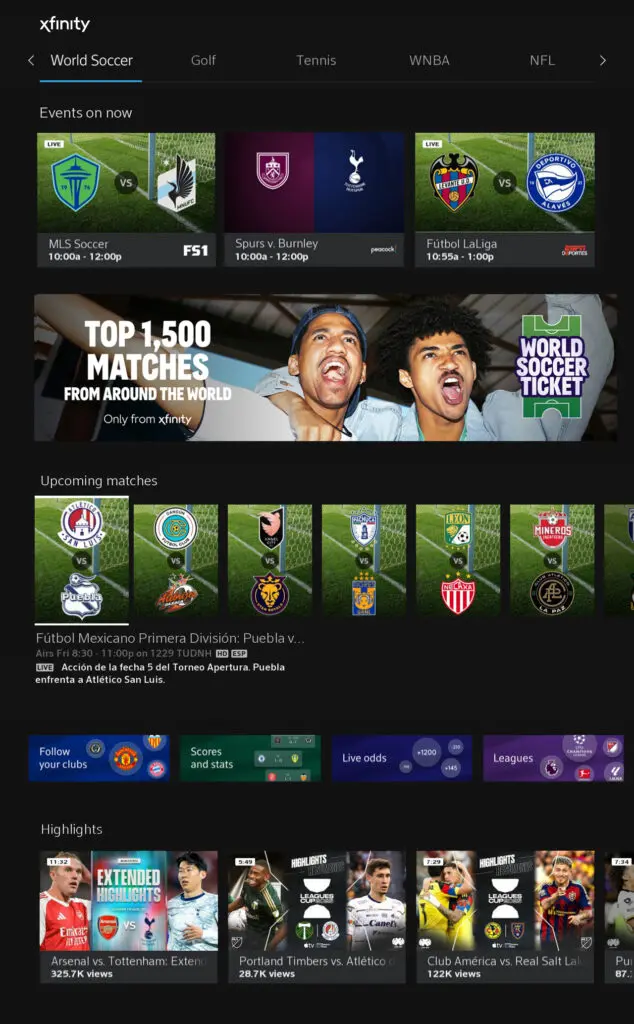 Soccer fans can watch games today from across the world with Xfinity’s World Soccer Ticket. More than just soccer, sports fans will be able to keep up with scores, standings and soccer news from their favorite teams or players.